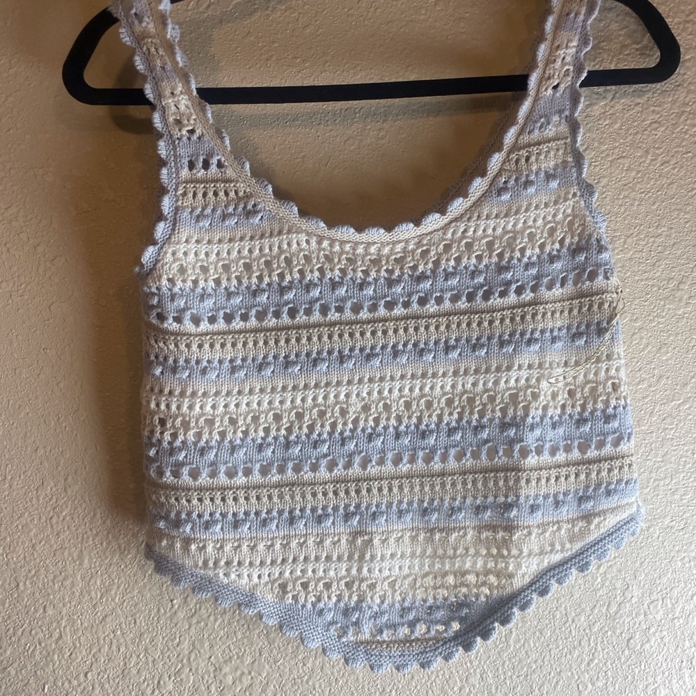 Jessica Simpson Blue and White Asymmetrical Cropped Tank Top